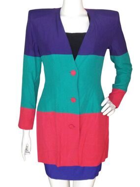 80s Vintage Mini Dress Suit, XS, Knapp Studio, Color Block, 2pc Jacket/Dress